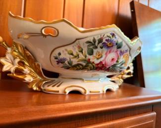 Old Paris hand painted floral porcelain centerpiece bowl with gilt accents
