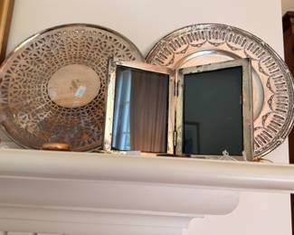 Two silver reticulated serving trays with framed picture