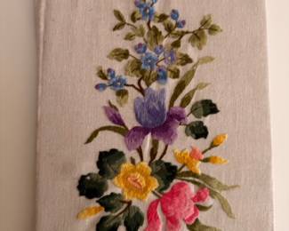 Vintage hand embroidered floral crewel work on linen