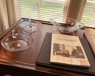 Candlewick glass divided dishes with Nashville history book