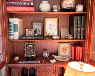 Antique secretary bookcase with Churchill and CS Lewis books and collectibles