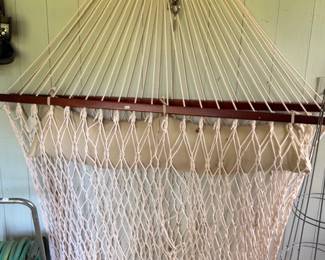 Vintage rope hammock with wood spreader bars