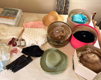 Vintage ladies hats gloves fur stole and baby shoes lot
