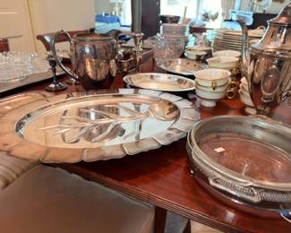 Silverplate hollowware lot trays pitcher coffee urn and china teacups