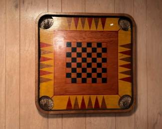 Antique wooden checkerboard backgammon dual-sided game board folk art