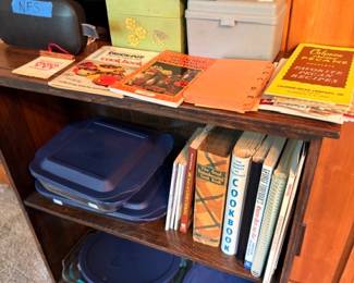 Vintage cookbooks, recipe boxes, Pyrex casseroles