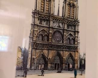 Signed Notre Dame Cathedral Paris architectural print in frame