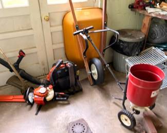 Lawn equipment lot leaf blower trimmer and seed spreader