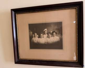 Antique sepia family portrait Edwardian women in carved wood frame