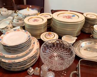 Large china service dinnerware set with cut crystal bowl and silver pieces