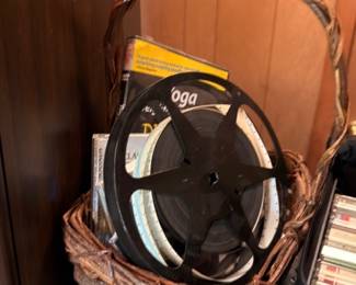 Wicker basket of vintage film reels