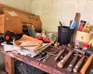 Vintage workshop bench mallets wrenches and hand tools