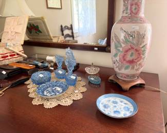 Dresser top blue glass vanity set and pink floral lamp