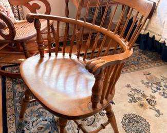 Maple Windsor armchair with spindle back and saddle seat