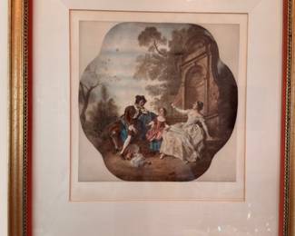 Antique French pastoral family scene color print in gilt frame