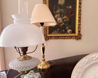 Hobnail milk glass hurricane lamp brass lamp and gilt framed floral still life