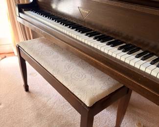 Vintage Fischer upright piano with damask upholstered bench