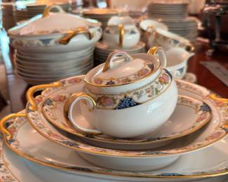 Noritake gold rimmed floral china teapot sugar and creamer set
