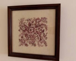 Framed burgundy floral needlepoint in mahogany frame
