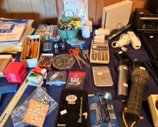 Vintage hardware lot rulers erasers sewing needles binoculars flashlight and thermostat