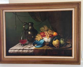 114. Signed Oil on Canvas Still Life of Fruit (44" x 33")