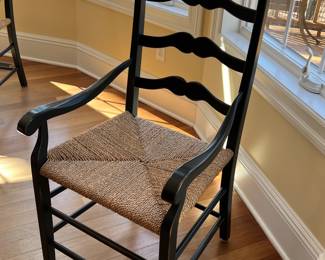 23. Set of Six Ladder Back Arm Chairs w/ Rush Seats and Cushions (21" x 20 x 43")