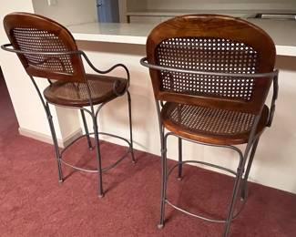 91. Pair of Counter Stools w/ Cane Seat & Back and Wrought Iron Frame (seat ht 26")