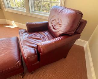 142. Stanford Furniture Leather Chair on Casters (30" x 34" x 41") w/ Ottoman