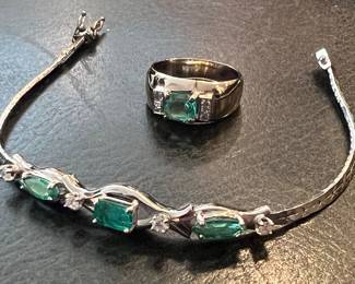 32. 14K White Gold & Emerald/Diamond Ring  33. 14K White Gold, Emerald/Diamond Snake Link Bracelet