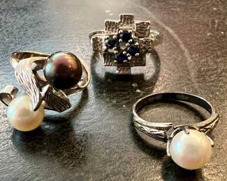 1.  S.S. Black & White Pearl Ring;  2. S.S. Pearl Ring;  3. S.S. Blue Sapphire Ring