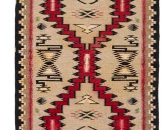 1218 A Tina Conn Navajo storm pattern textile Tina Conn (b. 20th century, Diné) Woven in red, grey, cream, black, and green wool with an elaborate serrated central X form, and with waterbugs, multiple serrated diamonds, and a complex stepped border 34" H x 25.75" W Estimate: $400 - $600