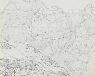 1121 Bruce A. Aiken (b. 1950) "Below Deva Temple, Near Wall Creek," 2010 Pencil on paper Signed and dated lower right: Bruce 2010; signed and dated again, and titled, all verso Sight: 13.5" H x 10.5" W Estimate: $300 - $500