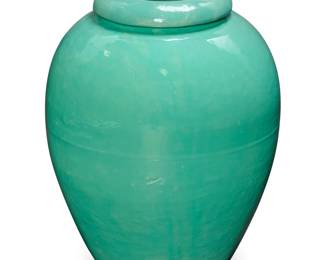 1003 A Bauer turquoise glazed pottery oil jar Circa 1930s Unmarked 21.25" H x 17" Dia. Estimate: $700 - $900