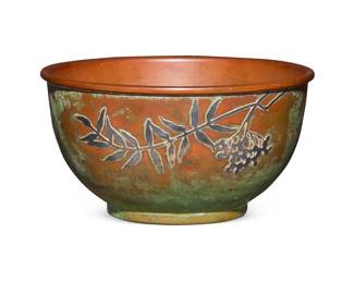 1260 A Heintz Art Metal Shop silver overlay bowl 1911-1912 Stamped: PAT APD FOR/ 1851 with etched numbers: 1646 The patinated bronze bowl with rolled rim and silver overlay of foliate motif 4" H x 7.625" Dia. Estimate: $300 - $500