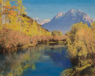 1255 Stephen Hallet Willard (1894-1966) Autumn landscape, June Lake, High Sierra Oil over printed photograph on Masonite Signed lower right: Stephen H. Willard ©; with the artist's copyright black ink stamp verso 22" H x 30" W Estimate: $600 - $800