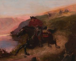 1058 John Mulvany (1844-1906) Native warriors chasing a rider along a coastal path, 1888 Oil on canvas Signed and dated lower right: Jno Mulvany / 1888 36" H x 29" W Estimate: $800 - $1,200