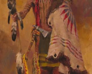 1194 Charles Winfield Miller (1922-1995) "Running Bear," 1989 Oil on canvas Signed and inscribed lower right: Charles Winfield Miller CXX / ©; signed again and dated "'89," verso; inscribed partially indistinctly, possibly in another hand on the stretcher: "1792/89 / Running [effaced] Bear / CM99" 32" H x 16.125" W Estimate: $2,000 - $3,000