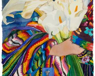 1372 Karen Ahlgren (Active 21st century) Figure carrying lilies and a blanket Watercolor on paper Signed near the center of the left edge: © Karen Ahlgren Image/Sheet: 30" H x 23" W Estimate: $300 - $500