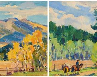 1254 Marjorie Reed (1915-1996) Two works:  "There's No Place Like Home" Oil on canvasboard Signed lower right: Marjorie Reed; titled in pencil on the overmat Sight: 3.875" H x 4.875" W  "Autumn Comes to the Peaks" Oil on canvasboard Signed lower left: Marjorie Reed; titled in pencil on the overmat Sight: 3.875" H x 4.875" W Estimate: $600 - $800