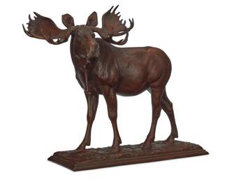1123 Louis Paul Jonas (1894-1971, American) Moose Patinated bronze Signed in the casting: LOUIS JONAS Sc 11.25" H x 13.5" W x 6" D Estimate: $800 - $1,200
