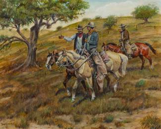 1023 Paul Sollosy (1911-2012) "Vaquero Country" Watercolor and traces of pencil on paper Signed and with the artist's device lower left: Sollosy; titled from a label affixed to the frame's backing paper Sight: 10.75" H x 13.75" W Estimate: $500 - $700