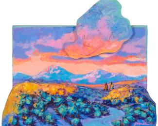 019 Larry Pirnie (b. 1940) "Coming Up the Draw," 1990 Acrylic and mixed media relief sculpture on panel Signed lower right: Pirnie; signed again, titled, dated "1989," and inscribed "ACM 89-86," all verso Overall: 35" H x 42" W x 8.5" D Estimate: $1,000 - $2,000