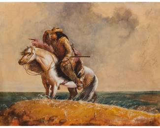 1062 Alfred Jacob Miller (1810-1874) "The Lost Greenhorn" Watercolor, gouache, and pencil on cream wove paper Bears initials in ink lower right: A.J.M. Image/Sheet: 9.875" H x 13" W Estimate: $40,000 - $60,000