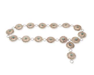 1374 A Southwest sterling silver and turquoise concho link belt Mid/late 20th century Unmarked A long belt comprising sixteen repoussé medallion conchos, one a hooked buckle, and each with stamp work accents and central set turquoise 36.25" L ; each concho: 1.5" Dia. Estimate: $400 - $600