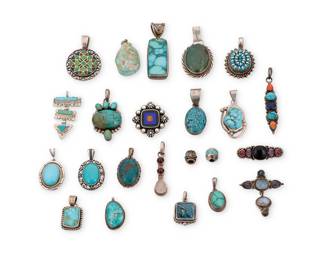 1395 A group of Southwest style silver and stone set jewelry Mid/late 20th century Most variously marked for maker and/or for sterling: A.J. / ES / DMD / Mexico TM-13 / CII / SF / JGD / Q.T. © [for Quoc Turquoise Inc. Albuquerque] / CR [Carolyn Pollack Relios Inc.] Comprising nineteen set stone necklace pendants in various sizes and styles, including turquoise cabochons, nugget turquoise, stone inlay, and row set gems including turquoise, lapis lazuli, spiny oyster, and garnet, as well as two silver and set stone slide bead pendants, and two brooches with row set stones including moonstone, onyx and amethyst 23 pieces Pendants: 2.5" H to 1.25" H; slides: 0.375" Dia.; brooches: 1.5" H x 1.5" W & 0.5" H x 1.5" W 203.4 grams gross Estimate: $400 - $600