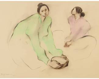 1369 R.C. Gorman (1932-2005, Navajo/Diné) Two seated women, 1979 Pastel on paper Signed and dated lower left: R.C. Gorman 1979 Image/Sheet: 30" H x 40" W Estimate: $2,000 - $3,000