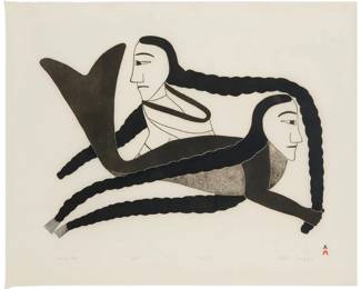 1143 Kenojuak Ashevak (1927-2013) "Comparing Braids," 1993 Stonecut in colors on rice paper Edition 4/50 Signed, titled, dated, numbered, and inscribed in pencil along the lower margin with Inuktitut syllabics: Kenojuak / Dorset 1993; Pee Mikkiga, prntr. Image: 17.5" H x 24" W (irreg.); Sheet: 24.5" H x 30" W Estimate: $400 - $600