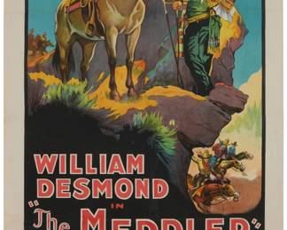 1402 Western Movie Poster for "The Meddler," circa 1925 Lithograph in colors on paper laid to canvas From the edition of unknown size Morgan Litho., Co., Cleveland, OH, prntr., with their name and presumably the identifying number of this poster image (30131) printed in the image at the center of the lower edge Image: 37" H x 23.25" W; Sheet: 41.25" H x 27.125" W Estimate: $300 - $500