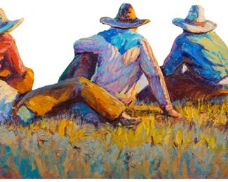 1018 Larry Pirnie (b. 1940) "Hilltoppers," 1989 Acrylic and mixed media relief sculpture on panel Signed lower right: Pirnie; signed again, titled, dated "1990," and inscribed "ACM 90-70," all verso Overall: 47.75" H x 96" W x 3" D Estimate: $3,000 - $5,000