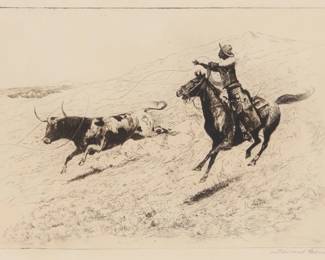 1065 Edward Borein (1872-1945) "End of the Race," circa 1915 Etching and drypoint on laid paper From the edition of unknown size and date Signed in pencil in the lower margin, at right: Edward Borein Plate: 7.375" H x 11.875" W; Sheet: 9.25" H x 13.25" W Estimate: $1,000 - $1,500